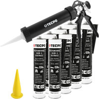 8x TECPO MKD 801 Universal Klebe- & Dichtmasse schwarz, 370g + Alu-Kartuschenpresse 220 mm