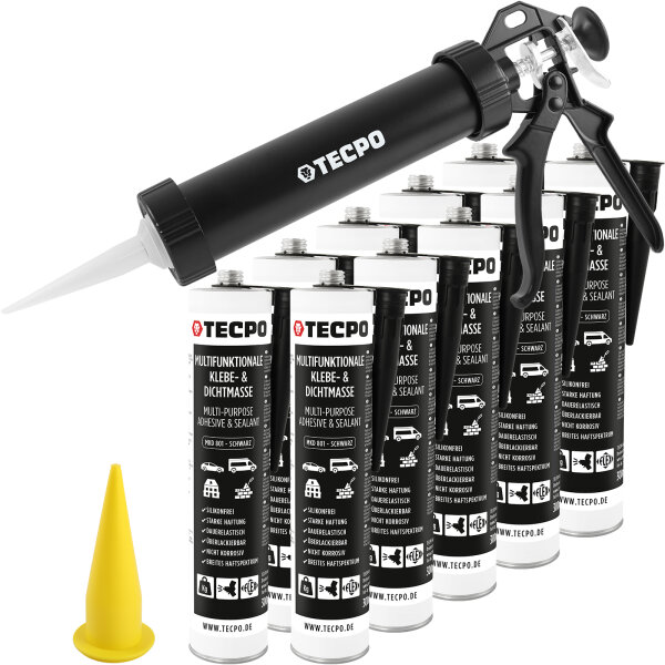10x TECPO MKD 801 Universal Klebe- & Dichtmasse schwarz, 370g + Alu-Kartuschenpresse 220 mm