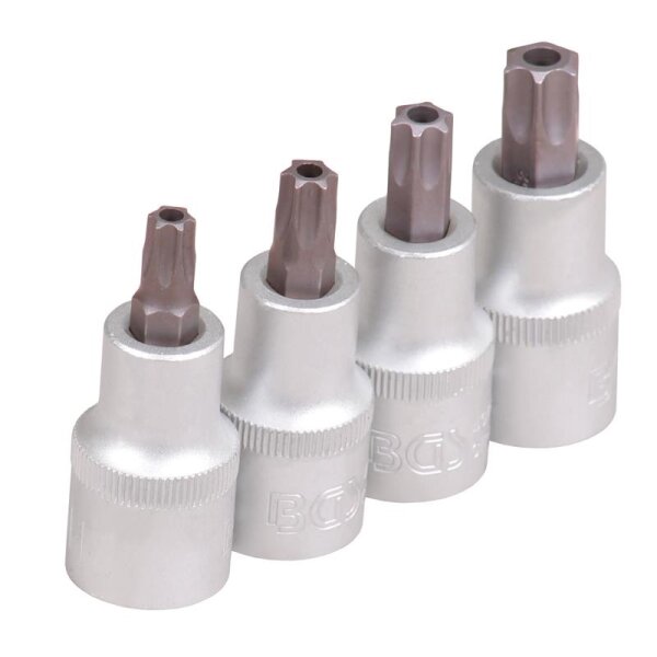 BGS Bit-Einsatz-Satz | Antrieb Innenvierkant 12,5mm (1/2") | T-Profil (für Torx) mit Bohrung T40 - T55 | 4-tlg.