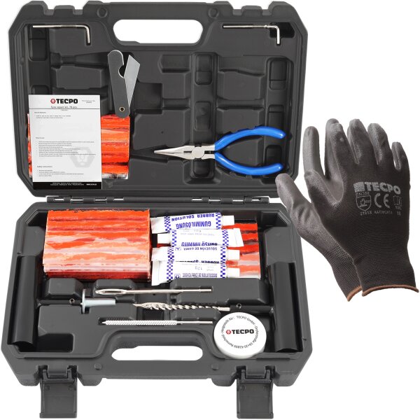 TECPO Reifenreparatur Set, 78-teilig + Mechaniker-Handschuhe, Größe XL