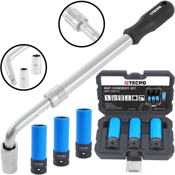 TECPO Radmutterschlüssel-Set Teleskop, SW 17-19mm 21-23mm + Kraft Schoneneinsatz Satz 1/2" 17 mm, 3-tlg