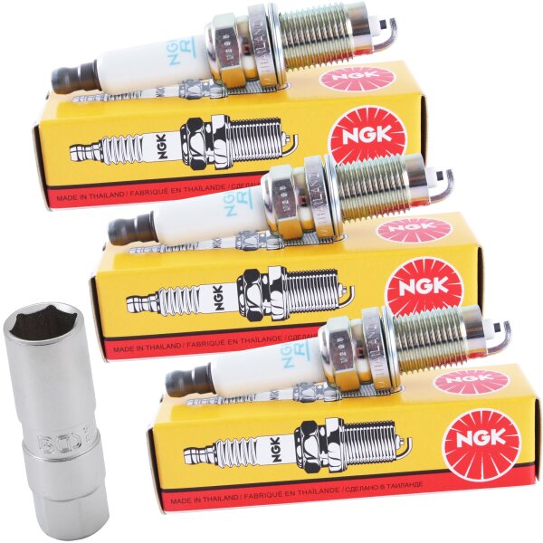 3x NGK 6893 Zündkerze + BGS Zündkerzen-Einsatz (3/8") 16mm