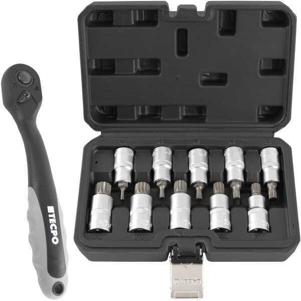 TECPO Steckschlüsselsatz, Innenvielzahn Nüsse, 1/2", 10-tlg + Umschaltknarre 1/2"