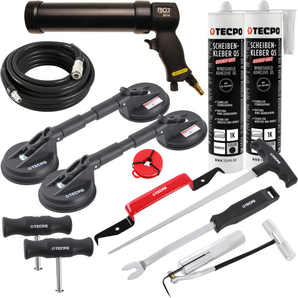 TECPO Windschutzscheibe-Reparaturset + Druckluft-Kartuschenpresse + Druckluftschlauch + 2x Gummi-Doppelsauger + 2x Scheibenkleber MS-Polymer, 290 ml