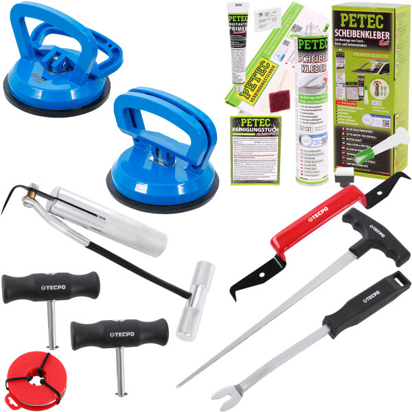PETEC Scheibenkleber-Set + Ausbau-Werkzeug + 2x Gummisauger Ø 115 mm
