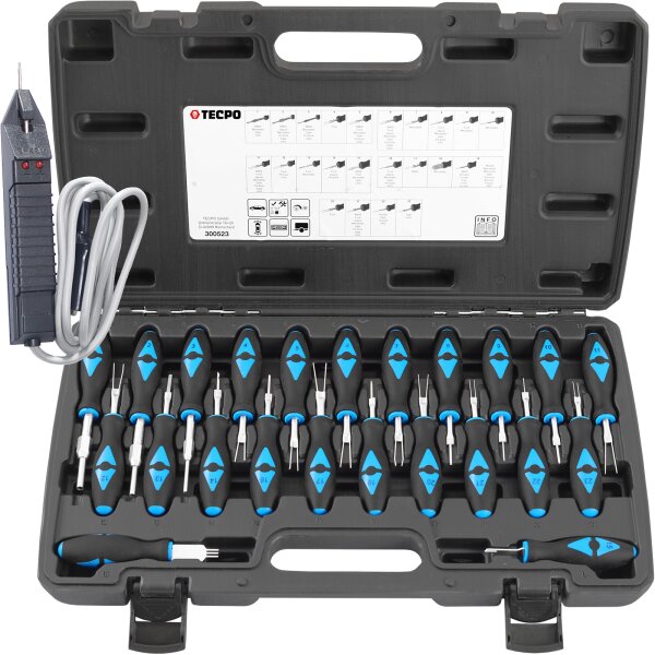 TECPO Stecker-Entriegelungs-Werkzeug-Satz, Auspinwerkzeug, 23-tlg + BGS Dioden-Prüflampe