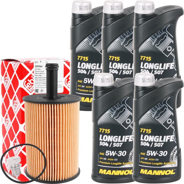 FEBI BILSTEIN Ölfilter + Schraube + Mannol Longlife 504 / 507 5W-30, 5x1L
