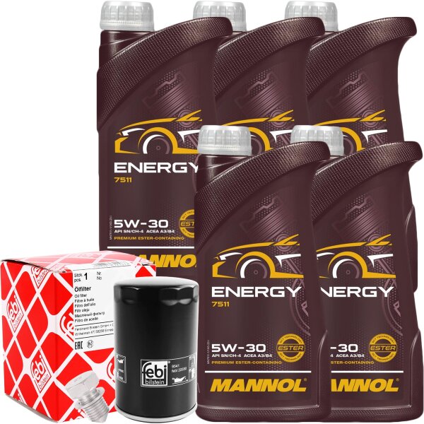 FEBI BILSTEIN Ölfilter + Schraube + MANNOL 5W-30 ENERGY, 5x1 Liter