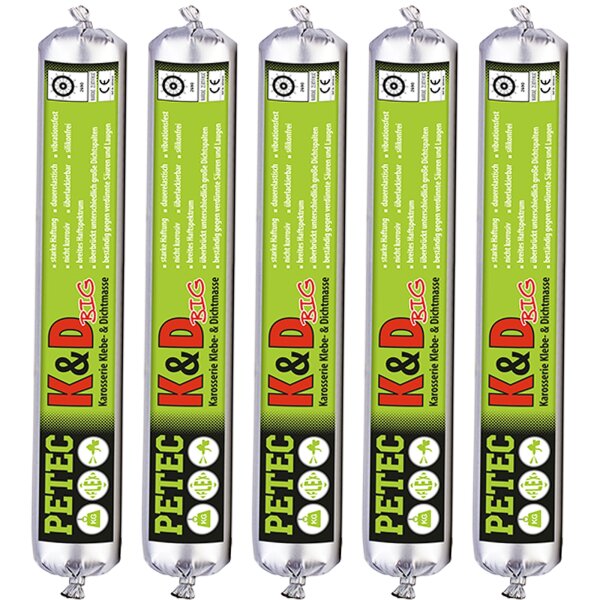 5x PETEC K&D Karosserie Klebe-& Dichtmasse Weiß, Schlauchbeutel, 600 ml