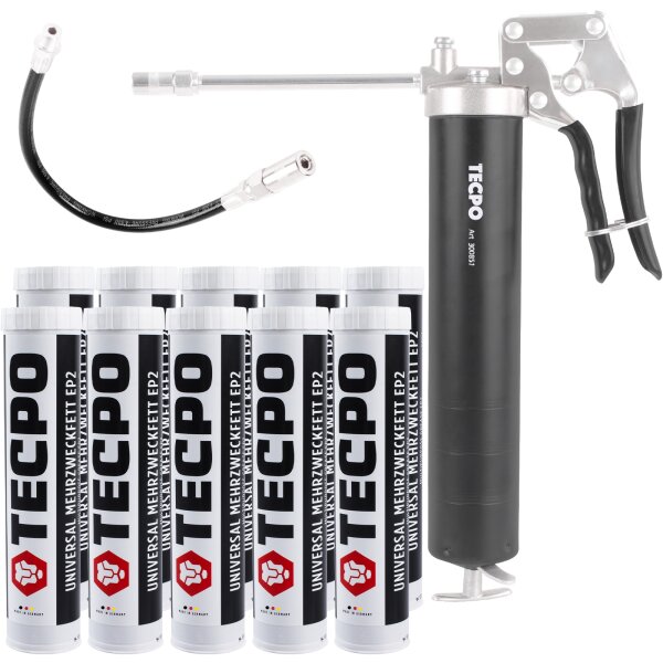 TECPO Einhand-Fettpresse + 10x Universal Mehrzweckfett EP2, 400g