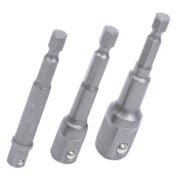 BGS DIY Adapter-Satz für Bohrmaschinen | Antrieb Außensechskant 6,3 mm (1/4") | Abtrieb Außenvierkant 6,3 mm (1/4") / 10 mm (3/8") / 12,5 mm (1/2") | 3-tlg.