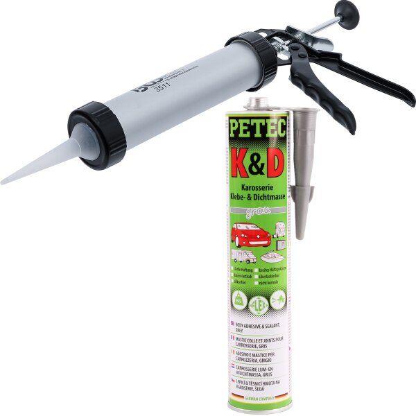 BGS Alu-Kartuschenpresse + PETEC K&D Karosserie Klebe- und Dichtmasse grau, 1x310 ml