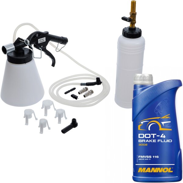 BGS Druckluft Bremsen-Entlüfter-Satz + MANNOL Bremsflüssigkeit DOT-4, 1L