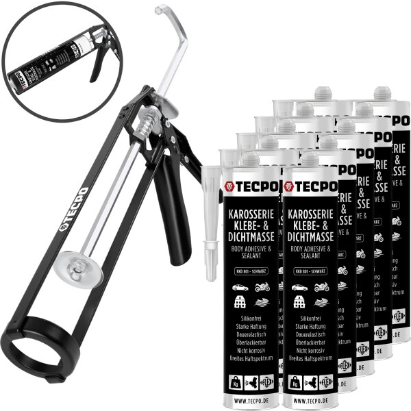 10x TECPO KKD 801 Karosserie Klebe- und Dichtmasse, 370g + Skelett-Kartuschenpresse