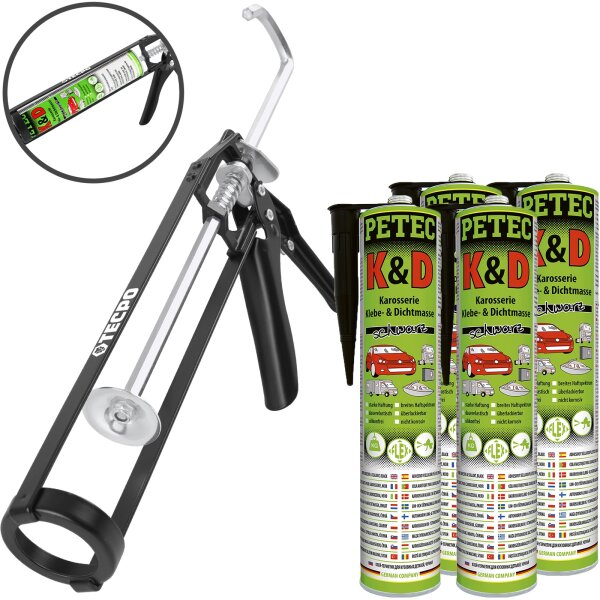 4x PETEC K&D Karosserie Klebe- und Dichtmasse 310 ml schwarz + Skelett-Kartuschenpresse