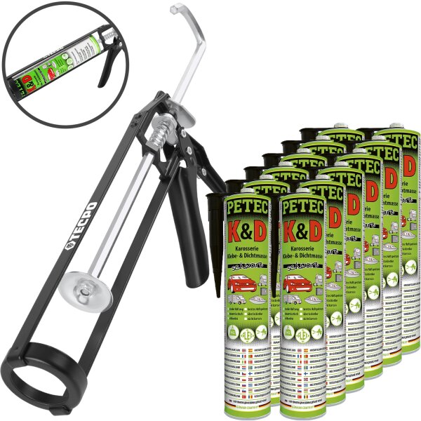 12x PETEC K&D Karosserie Klebe- und Dichtmasse 310 ml schwarz + Skelett-Kartuschenpresse