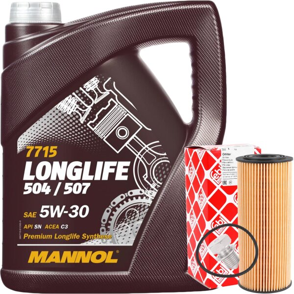 FEBI BILSTEIN Ölfilter + Schraube + MANNOL Longlife 504 / 507 5W-30, 5L