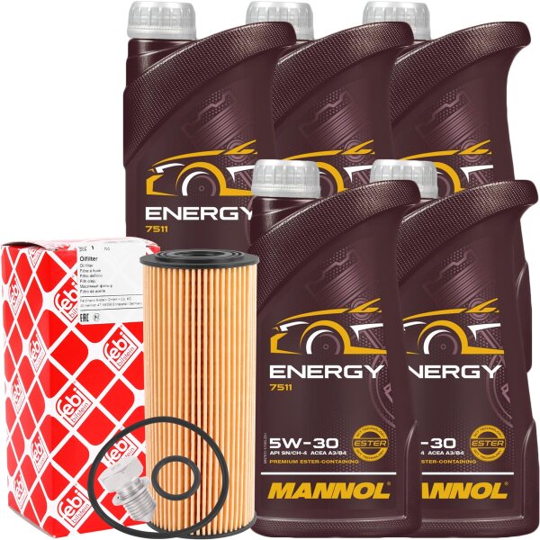 FEBI BILSTEIN Ölfilter + Schraube + MANNOL Energy 5W-30, 5x1L