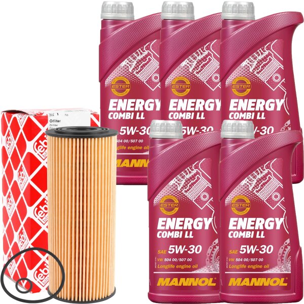 FEBI BILSTEIN Ölfilter + MANNOL Energy Combi LL 5W-30, 5x1 Liter