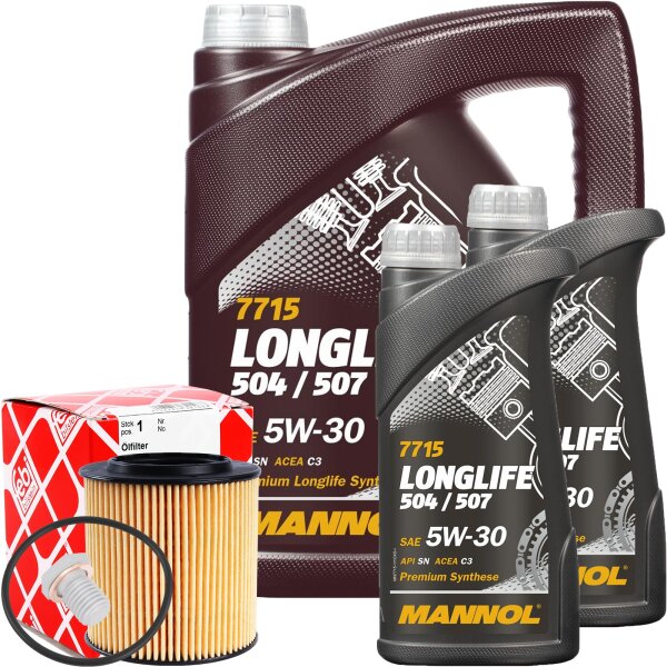 FEBI BILSTEIN Ölfilter + Schraube + MANNOL Longlife 504.00 / 507.00 5W-30, 7 Liter