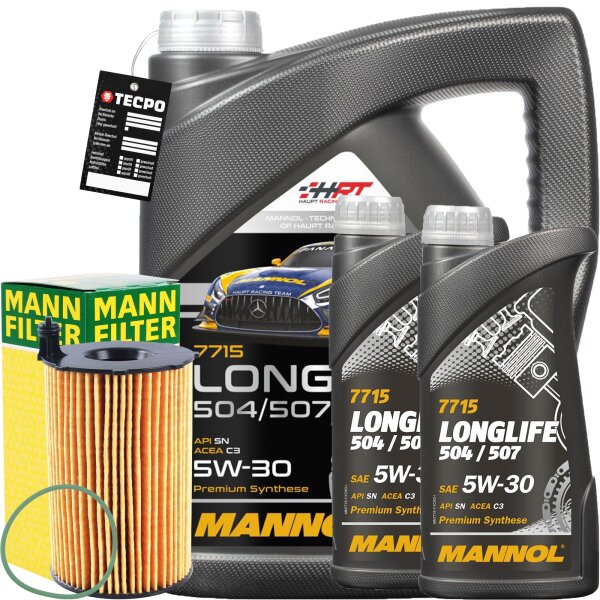 MANN-FILTER Ölfilter + MANNOL 504 / 507 5W-30, 7 L + Ölzettel