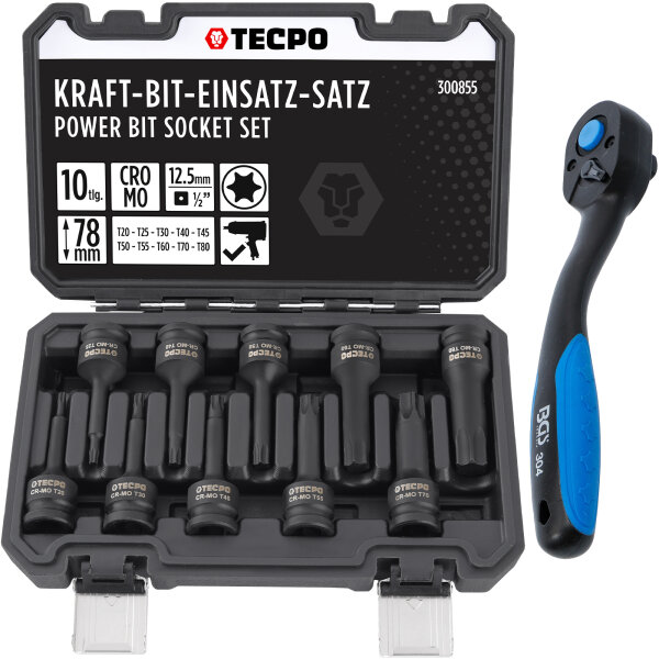 TECPO Kraft-Bit-Einsatz-Satz | T20-T80 | 10-tlg. + BGS Umschaltknarre, 12,5 mm (1/2")