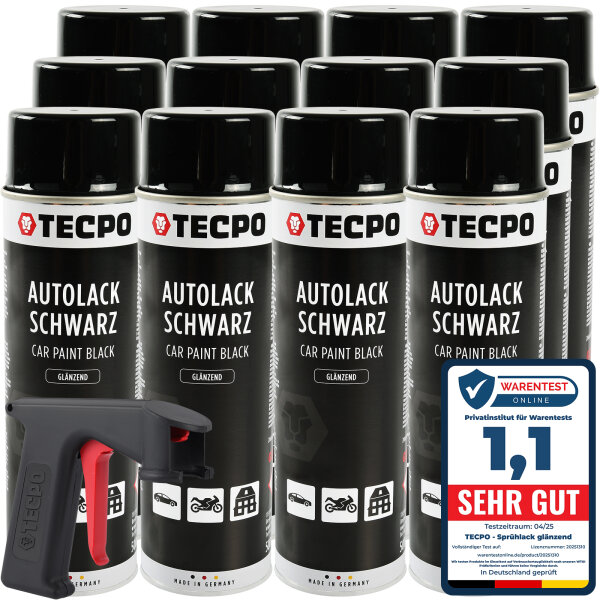 12x TECPO Autolack schwarz glänzend 500 ml + Pistolengriff