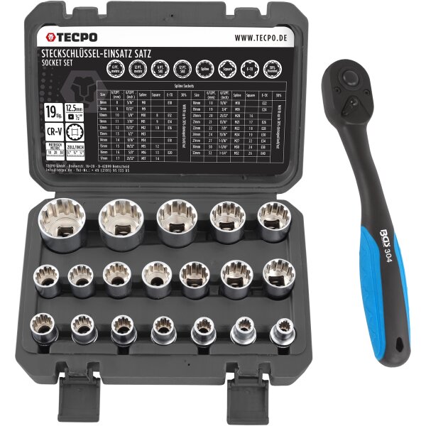 TECPO Universal Steckschlüssel-Satz, SW 8-32 mm, E10-E24, 5/16-1-1/4", 19-tlg. + BGS Umschaltknarre