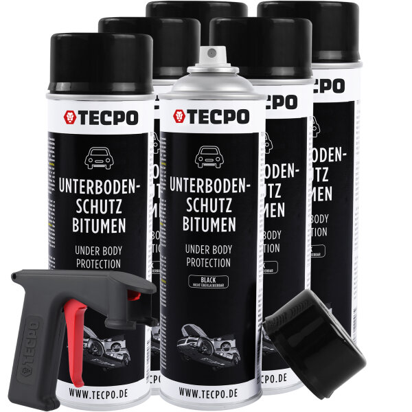 6x TECPO Unterbodenschutz Bitumen schwarz, 500 ml + Pistolengriff