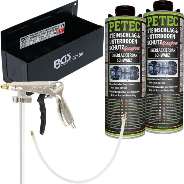 PETEC Steinschlag- & Unterbodenschutz schwarz, 2L + TECPO Druckluft-Unterbodenschutz-Pistole + BGS Magnet-Halter