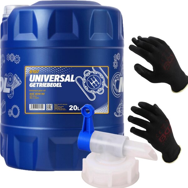 MANNOL Universal Getriebeoel 80W-90 API GL 4, 1x 20 L + Auslaufhahn +  Mechaniker Handschuhe