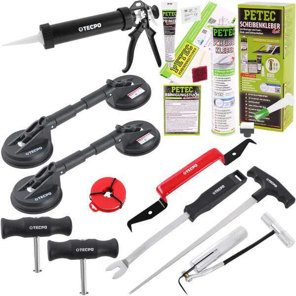 PETEC Scheibenkleber-Set + Ausbau-Werkzeug + Alu-Kartuschenpresse + 2x Gummi-Doppelsauger