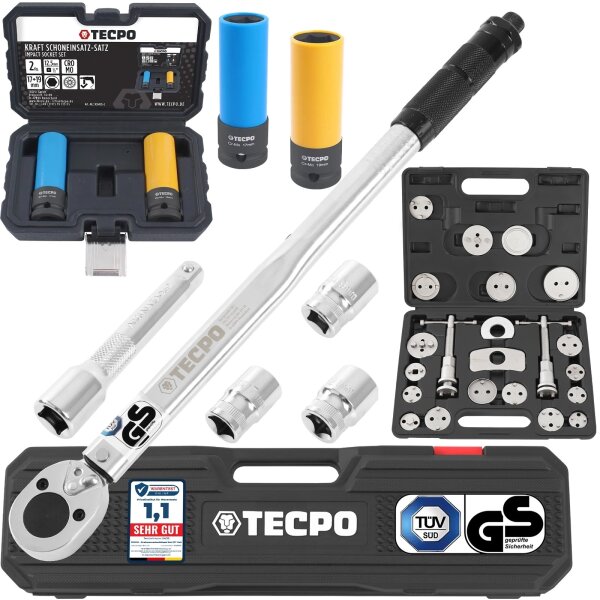 TECPO Drehmomentschlüssel 1/2 Zoll, 40-210 Nm + Bremskolben-Rücksteller + Kraft-Schoneinsatz-Satz SW 17 mm 19 mm