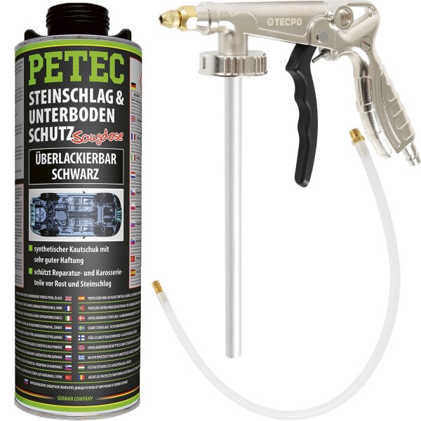 PETEC Steinschlag- & Unterbodenschutz schwarz, 1L + TECPO Druckluft-Unterbodenschutz-Pistole