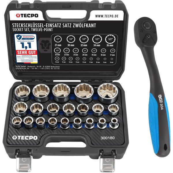 TECPO Vielzahn Steckschlüssel Satz SW 8-36 mm, 1/2 Zoll + BGS Umschaltknarre, kunststoff-ummantelt, Abtrieb Außenvierkant 12,5 mm (1/2")