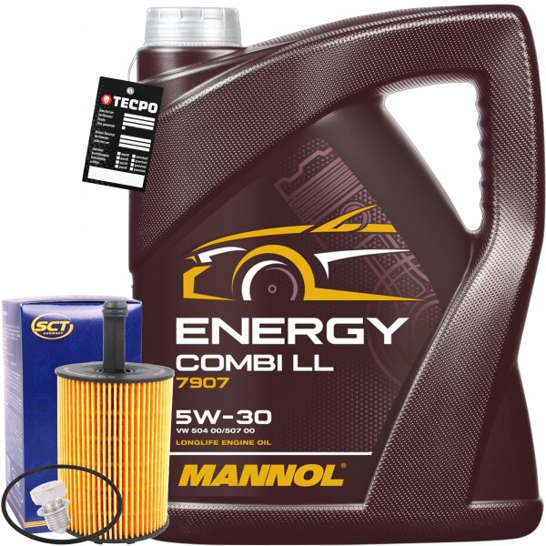 SCT Ölfilter + Mannol 5W-30 Combi LL, 5 Liter + Ölablassschraube + Ölzettel