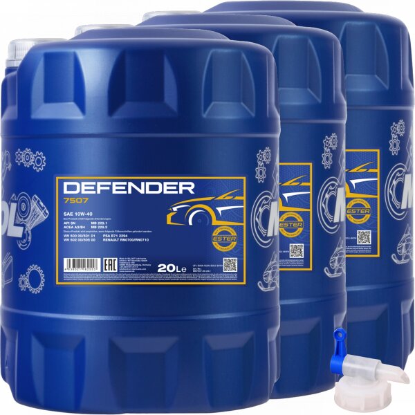 3x MANNOL Defender 10W-40 Motoröl API SN, 20 Liter + Hahn
