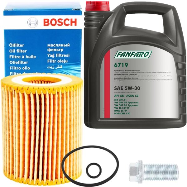 Bosch Ölfilter + FANFARO 5W-30 MB 229.51, 5 Liter