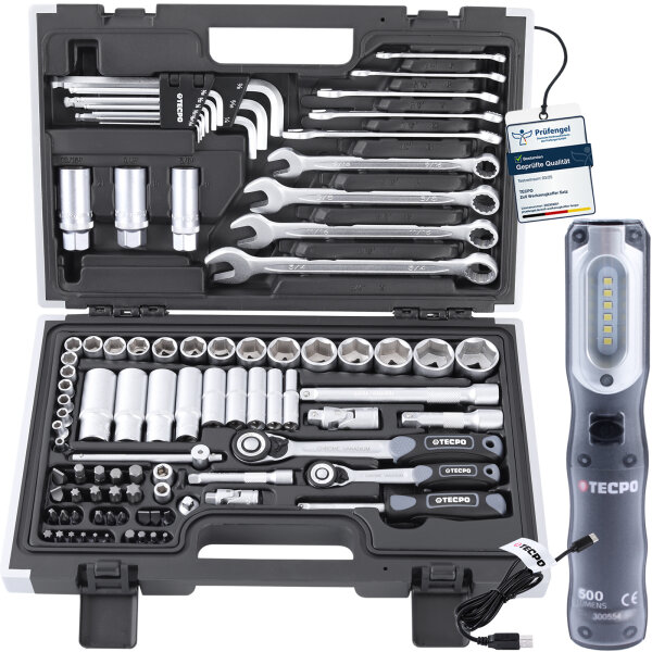 TECPO Steckschlüssel-Satz, 92-tlg, 1/4+3/8", ZOLL + LED Akku Handlampe 500 Lumen