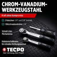 TECPO Steckschlüssel-Satz, 92-tlg, 1/4+3/8", ZOLL + LED Akku Handlampe 500 Lumen