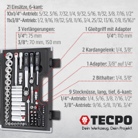 TECPO Steckschlüssel-Satz, 92-tlg, 1/4+3/8", ZOLL + LED Akku Handlampe 500 Lumen