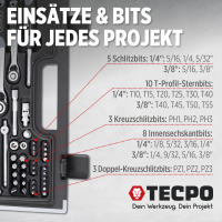 TECPO Steckschlüssel-Satz, 92-tlg, 1/4+3/8", ZOLL + LED Akku Handlampe 500 Lumen