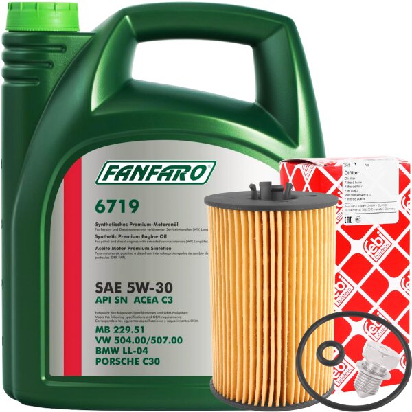 FEBI BILSTEIN Ölfilter + Schraube + FANFARO 5W-30 VW 504 507.00 , 5 Liter