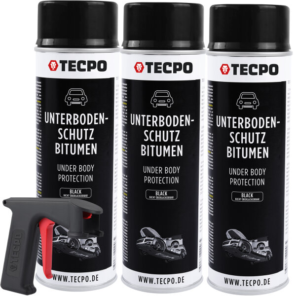 3x TECPO Unterbodenschutz Bitumen schwarz, 500 ml + Pistolengriff