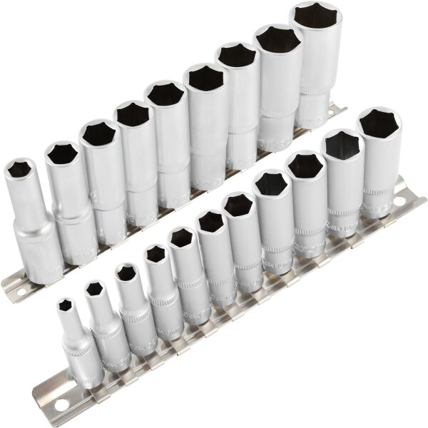 TECPO Steckschlüssel Satz, tief, 1/4 Zoll, 4-13 mm, 11-tlg. + TECPO Steckschlüssel Satz, tief, 1/2 Zoll, 10-24 mm, 9-teilig