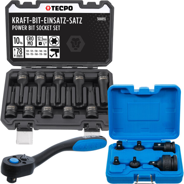 TECPO Kraft-Bit-Einsatz-Satz | T20-T80 | 10-tlg. + 6x Kraft-Adapter + 1x 1/2" Umschaltknarre