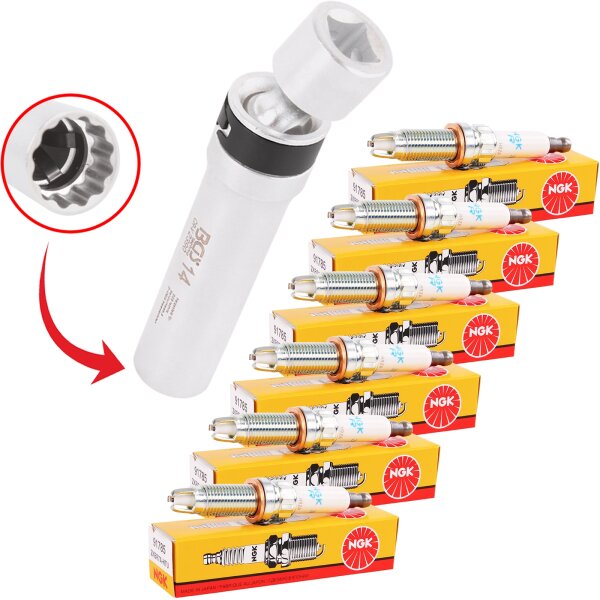 6x NGK Zündkerze + Zündkerzen-Gelenkeinsatz 14 mm, 12-Kant, 10 mm (3/8), Länge 100 mm