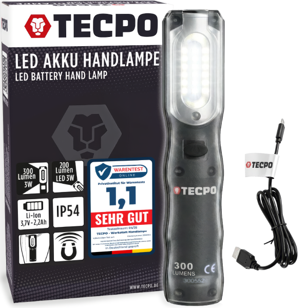 TECPO LED Akku Handlampe 300 Lumen + USB Kabel