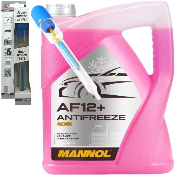 MANNOL Antifreeze Kühlerfrostschutz AF12+ -40°C, Rot-Lila, 5L + BGS DIY Frostschutzprüfer