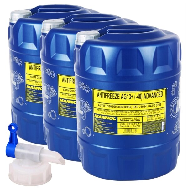 3x MANNOL Kühlerfrostschutz Gelb AG13+, 20L + DIN61 Dispensing Tap